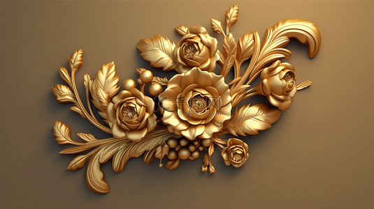 植物灰背景图片_迷人的金色玫瑰灰泥装饰框架，令人惊叹的 3D 插图