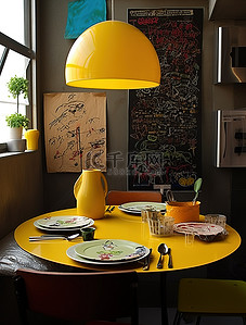 小叉子背景图片_一间小餐厅有黄色灯罩和餐位设置
