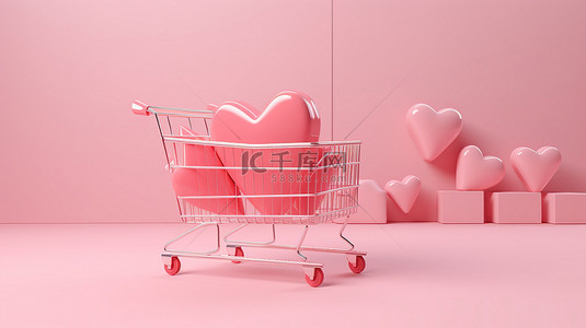 简约的情人节销售概念粉色购物车，配有购物袋和 3D 心形漂浮在柔和的背景上