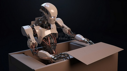 物流科技背景图片_带有纸板箱的半机械人或送货机器人 3d 渲染的人工智能创作