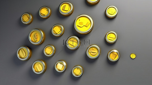 现金背景图片_黄色图标的 3D 渲染，带有现金束和灰色背景上的浮动硬币