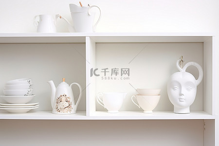 架子白色厨房配有白色瓷器茶具
