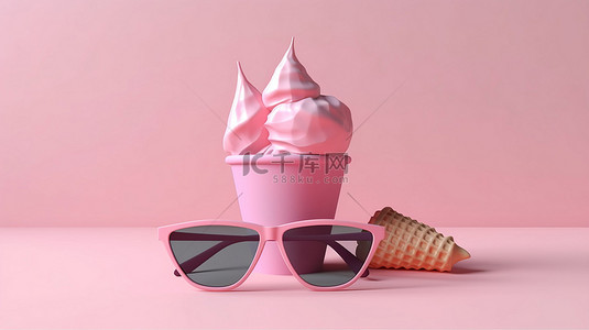 夏日共鸣平躺概念，以粉红色融化冰淇淋和 3D 渲染的酷太阳镜为特色