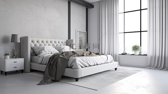 现代白色卧室中浅灰色床的时尚简约 3D 渲染