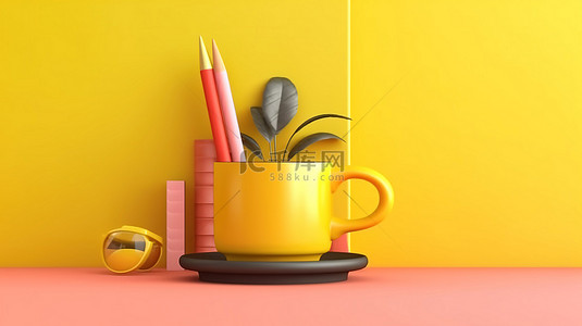 柔和风格背景图片_黄杯柔和风格 3D 渲染中黑咖啡的休息时间概念