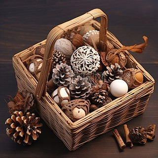 圣诞背景图片_圣诞篮，配有质朴的松果和天然秋季装饰