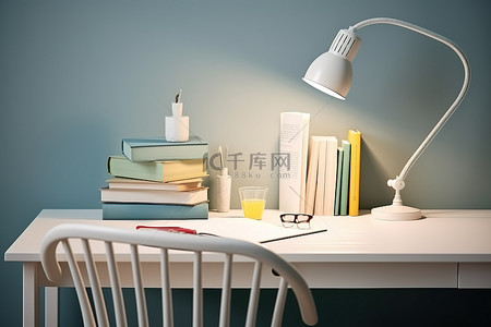 一张桌子，上面有台灯和书籍