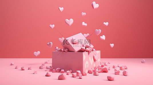 带 3d 渲染礼品盒和红心的最小概念粉红色背景