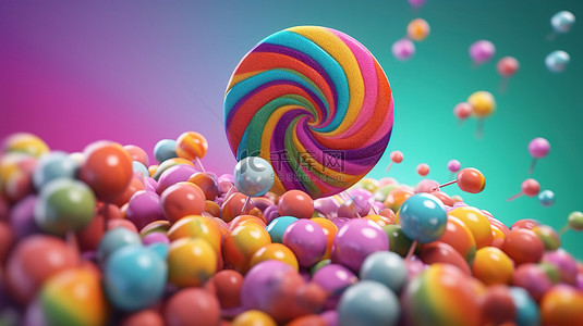 彩虹糖背景图片_飞行彩虹彩色糖果的异想天开的 3D 插图