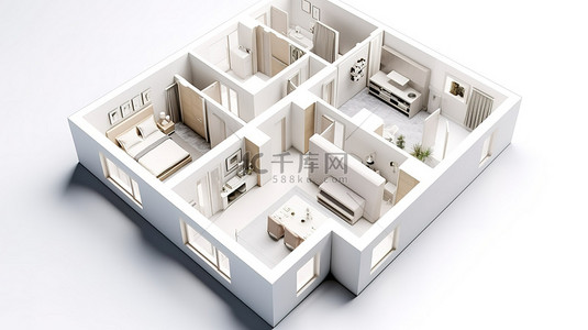 白色背景下两居室公寓纸模型的简约 3D 室内设计