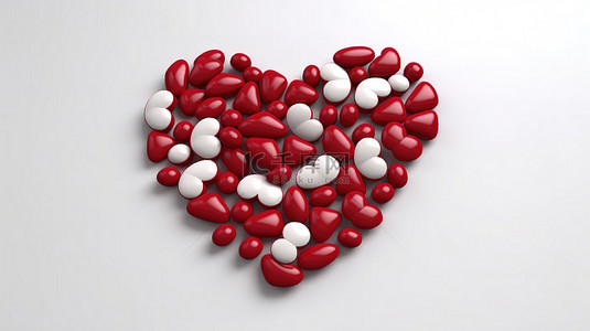 药丸形背景图片_3d 渲染白色背景上的红色心形一堆保健药丸