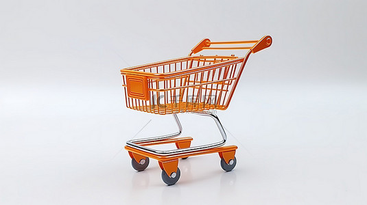 销售时点情报系统背景图片_白色背景与橙色购物车的 3d 渲染