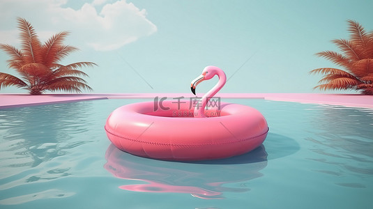 暑假概念粉红色火烈鸟漂浮在游泳池中，带有文本 3d 渲染的复制空间