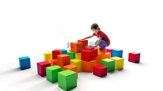 游戏展背景图片_孤立的孩子在白色背景上玩立方体的 3D 插图