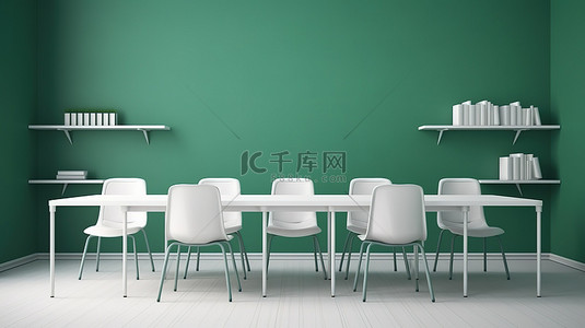 当代教室的 3D 渲染，配有空白色木桌椅和绿板背景