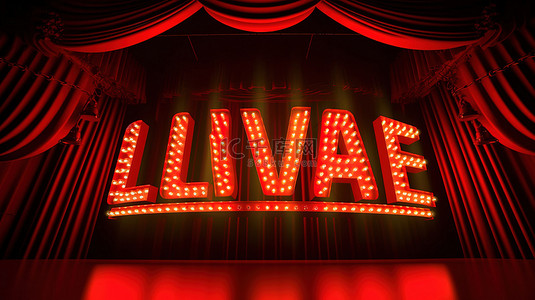 红色文字背景背景图片_带有红色剧院窗帘背景的照明灯泡版式的 3D 渲染