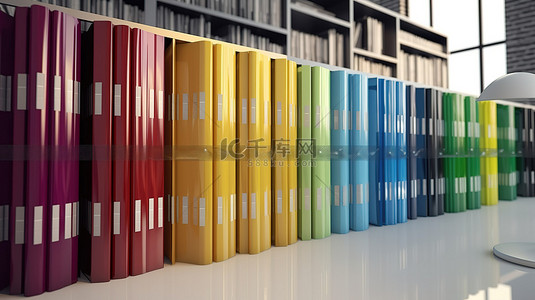 ie文件夹背景图片_在办公室背景下以 3d 渲染的彩色办公室文件夹圆形架