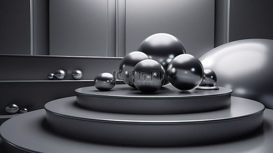 3D 渲染中的金属球装饰灰色讲台