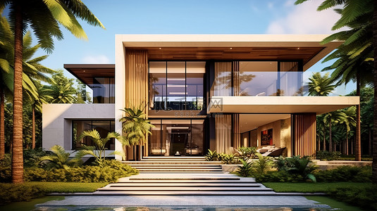 现代奢华热带家居建筑设计理念的 3d 插图