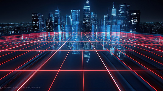 红色建筑剪影背景图片_剪影 3D 渲染中的城市景观，带有光迹和红色和蓝色的霓虹灯网格地板