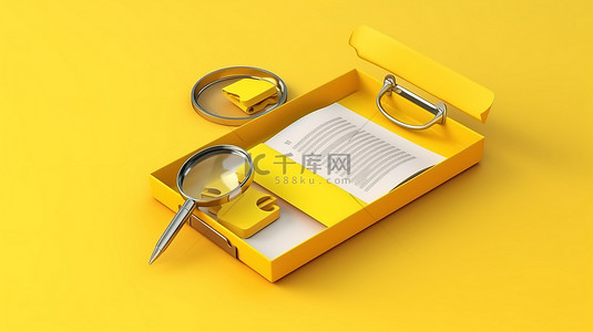 现代打开的黄色文件夹，配有纸张和放大镜，用于文档搜索 3D 渲染