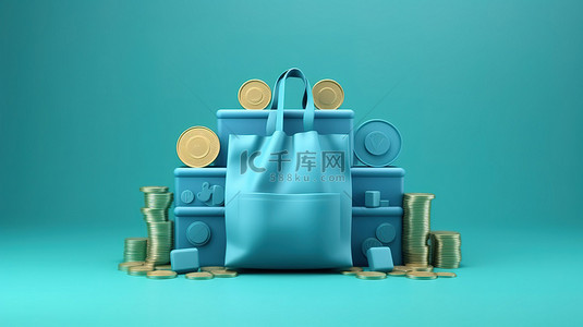 购物袋样机背景图片_电子商务概念购物袋和硬币在蓝色讲台上 3D 插图