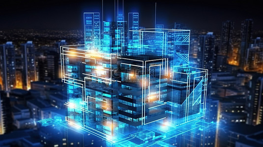 未来派和城市的智能建筑在 3D 渲染中闪耀着高科技概念