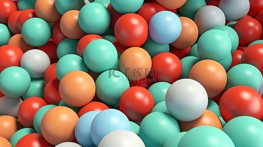 薄荷蓝色背景抽象 3D 渲染上充满活力的球体集合