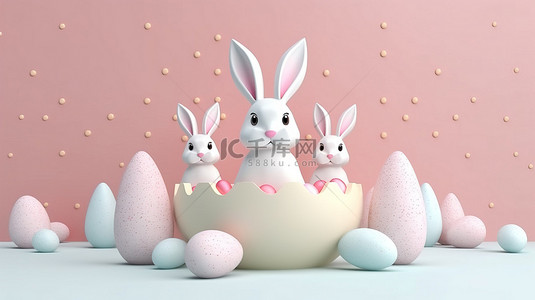 粉兔子背景图片_令人愉快的复活节场景可爱的卡通兔子耳朵和彩绘鸡蛋在优雅的 3D 背景上
