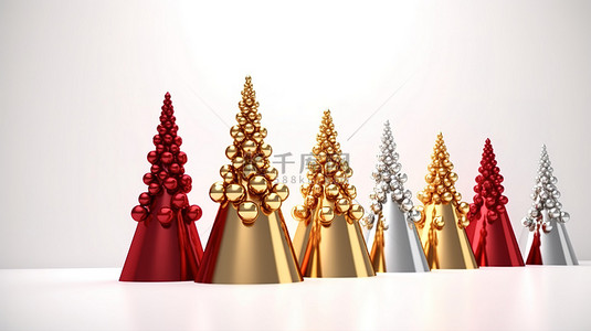 圣诞主题的 3d 金色和红色锥形圣诞树装饰着白色背景下呈现的球