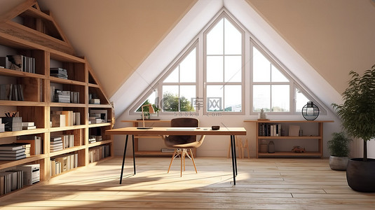 书柜背景图片_阁楼办公室的 3D 渲染，配有时尚的木质书桌书柜和双窗