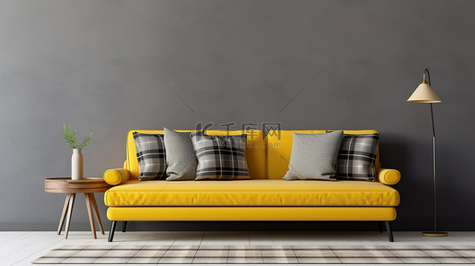 家居枕头背景图片_客厅内部空米色墙壁与灰色沙发黄色枕头和格子图案的 3D 渲染