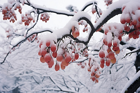 积雪覆盖的树木与粉红色的石榴