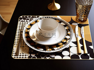 圆点白色背景图片_桌子上的白色方形餐垫，带有黑白圆点图案
