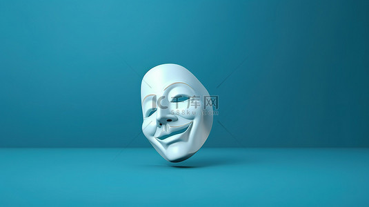 蓝色背景下的空白剧院面具，带有文本 3D 渲染空间