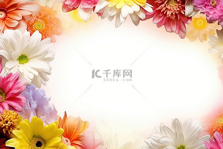 五颜六色的花背景图片_一束五颜六色的花朵围绕着一张白色大小的纸币
