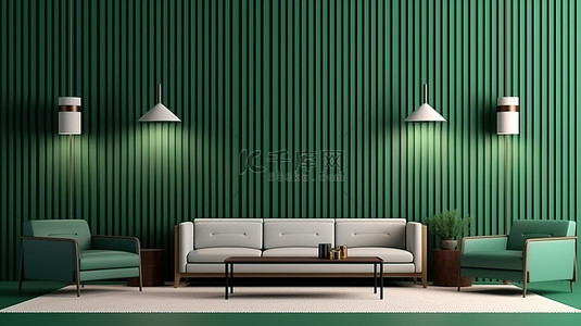 客厅采用中世纪现代室内设计和 3D 渲染的绿色墙壁图案