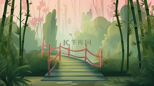 竹林壁画背景图片_竹林绿色植物小桥自然背景