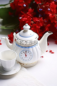 白色的茶壶和蓝色的花瓣