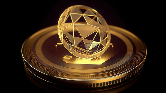 金色金钱背景图片_3D 渲染中 eth 硬币和区块链图标的金色插图