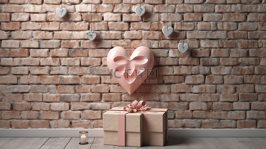 礼物盒框架背景图片_关闭一个华丽的心纸礼品盒的 3D 渲染，带有心形标签，靠在带有空白框架的砖墙上