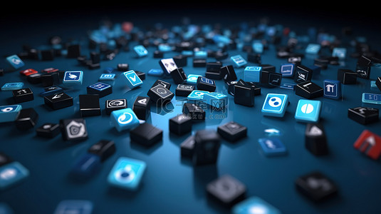 渲染的社交媒体平台的 3D 图标漂浮在蓝色背景上