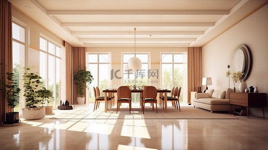高架起居室和餐厅被阳光照亮，明亮的室内设计引人注目的 3D 渲染