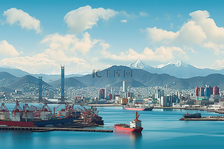 背景韩国背景图片_以山和海为背景的香港港口