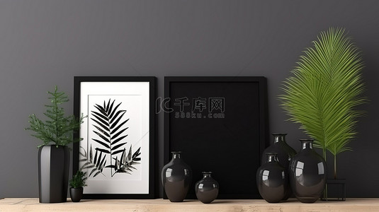 两个框背景图片_两个斯堪的纳维亚风格海报框架的 3D 渲染插图，采用现代黑色内饰，带有植物装饰