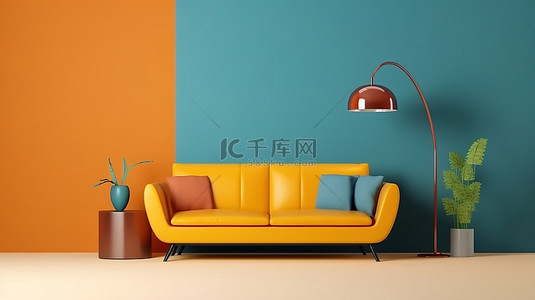 充满活力的休息区当代室内装饰，配有橙色沙发黄色墙壁和蓝色拱门 3D 渲染设计