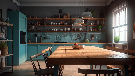 厨房餐具食物家具背景图片_厨房餐桌椅子蓝色背景