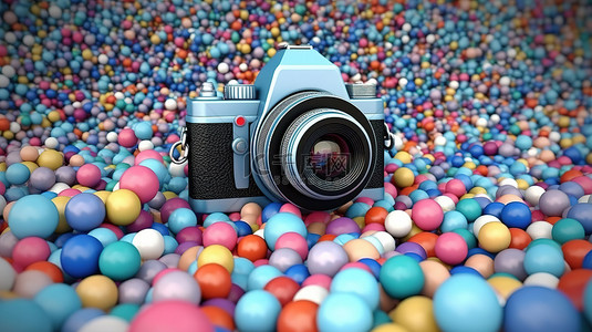 古董相机悬挂在蓝色 3D 渲染上充满活力的球体中
