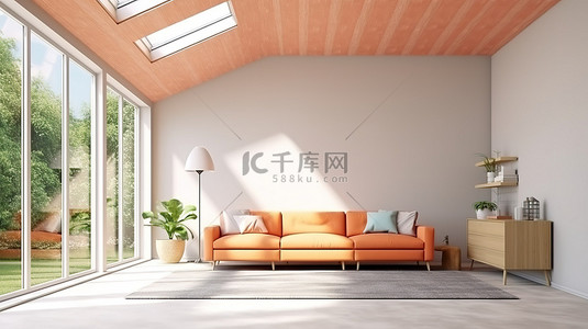 令人惊叹的客厅室内设计，配有充满活力的橙色沙发白色墙壁和引人注目的椽子天花板，采用引人注目的 3D 渲染