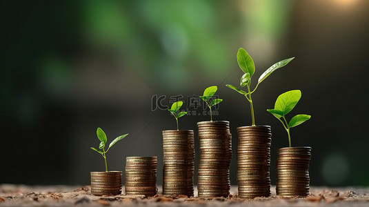 堆叠硬币的 3D 渲染与生长植物表示投资增长利润和股息